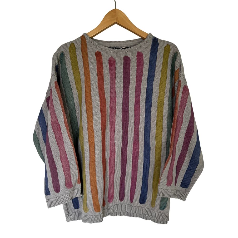 Gudrun Sjoden Sweater Watercolor Stripes Women's Size S Gray Rainbow Cotton NEW
